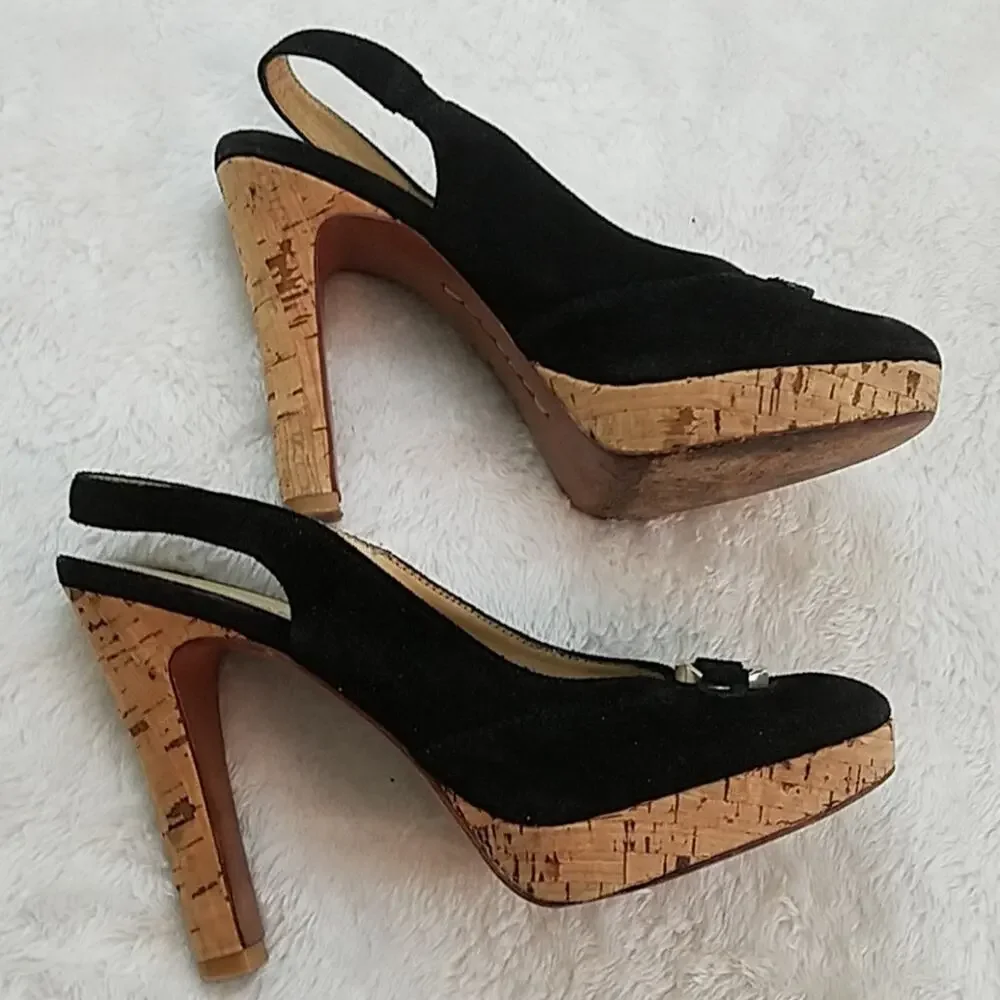 Michael Kors Size 6.5 Cork Platform Black Suede Heels